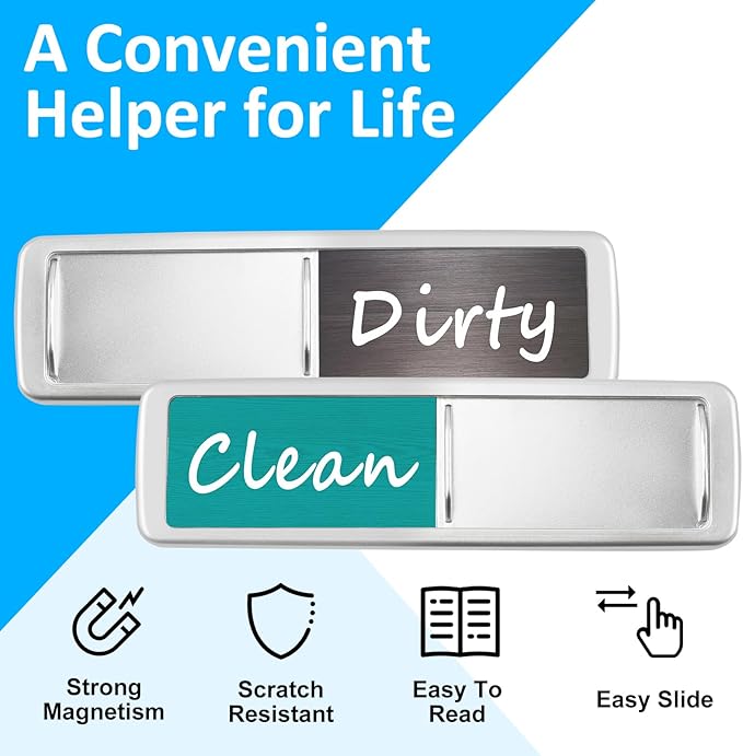 Dishwasher Magnet Clean Dirty Sign, Slide Strong Clean and Dirty Magnet Indicator for Dishwasher, Non-Scratch, Easy to Read, Self-Adhesive Stickers for Non-Magnetic Dishwasher（Grey Teal）