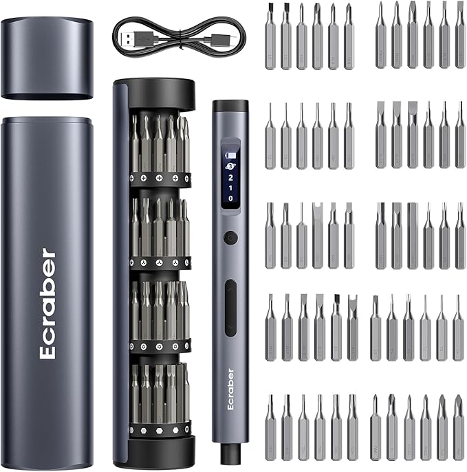 62-in-1 Ultra Mini Electric Screwdriver, Cordless Screwdriver, 4 LED Lights Repair Tool Kit, 60pcs Magnetic Bits, Magnetic Storage, Repair Tool for Electronics, Camera, Laptop, PC Build (Grey)