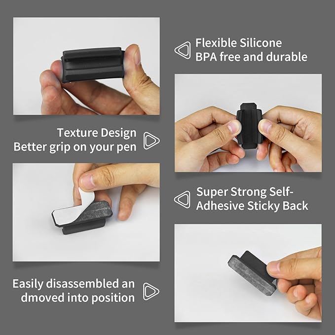 12 Pack Pen Holder for Desk, Silicone Pencil Holder with 12 Extra Adhesive Stickers, Adhesive Pen Holder & Marker Clip for Classroom Office Desk or Any Surface, Teacher Accessories Supplies (Black)