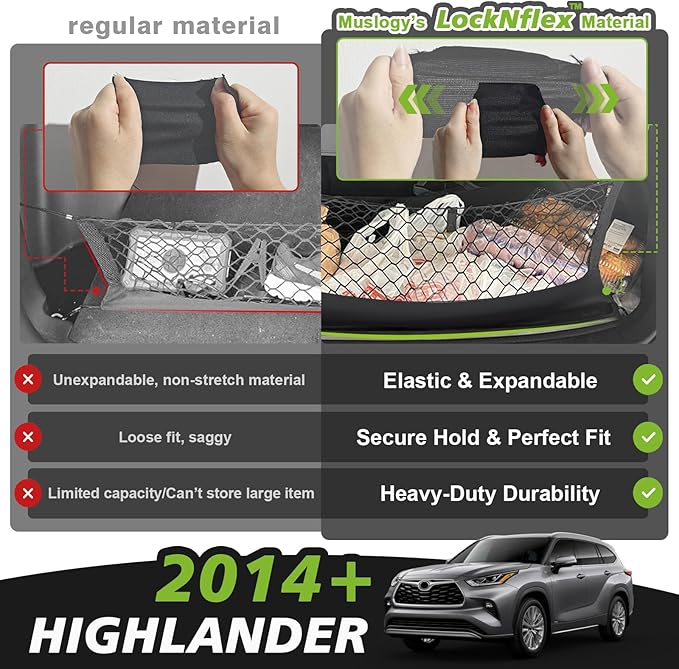 Muslogy Envelope Style Trunk Cargo Net Compatible with 2014-2025 Toyota Highlander Accessories Custom Fit Trunk Organizer Upgraded Mesh Storage Luggage Net with Metal Hooks