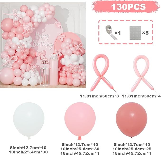 Pink Bow Balloon Arch Kit,130 PCS Coquette Birthday Decorations, Pastel Pink and White Garland Include Light blush Coquette Bow Balloon for Wedding Bridal Baby Shower Girls' Birthday Decoration