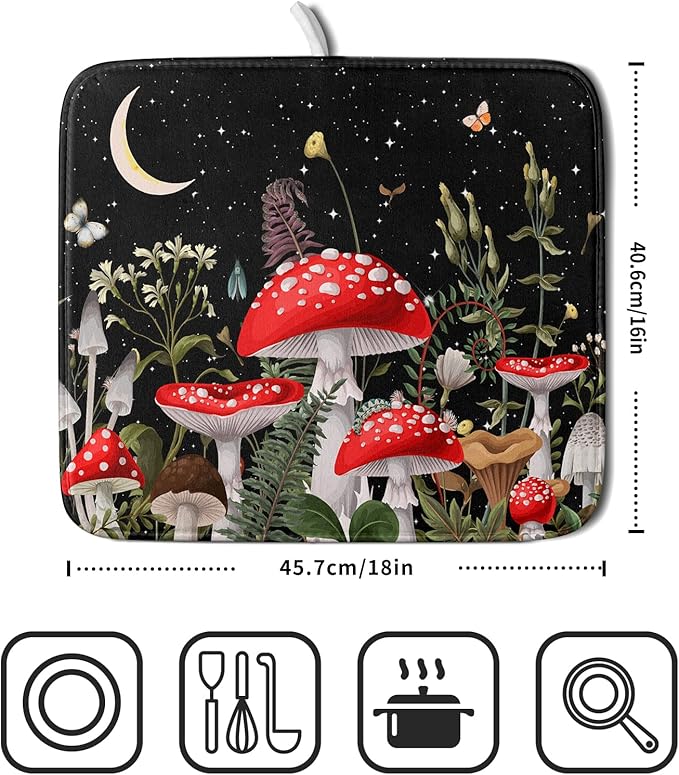 Red Mushroom Dish Drying Mat for Kitchen Counter Plant Leaves Drainer Mats Rack Holder Countertop Absorbent Microfiber Coffee Pads 16x18 Inch