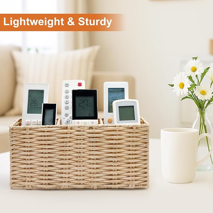 TV Remote Control Holder for Table Bedside Remote Caddy Storage Organizer Couch Nightstand Remote Box TV Controller Holder for Cutlery Silverware Desk Pen Organizer Wicker Decor Utensil Caddy Basket