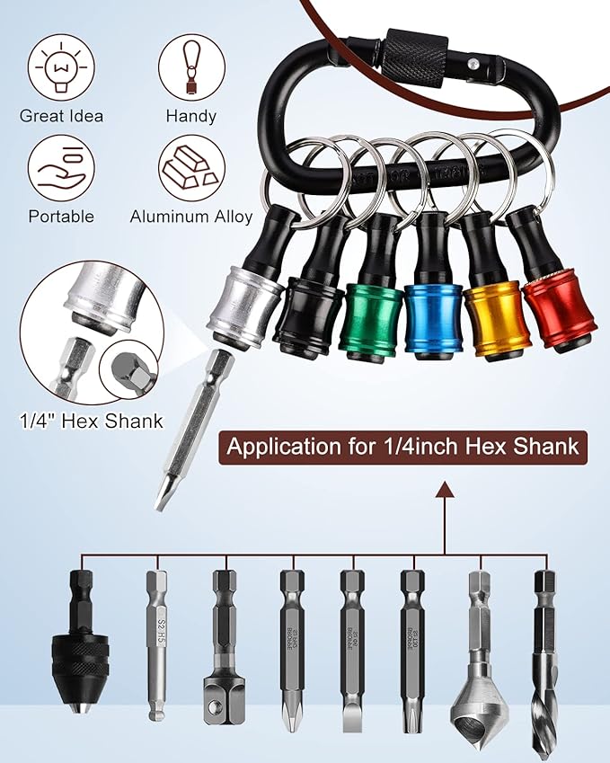 Katerk 6pcs 1/4 inch Hex Shank Aluminum Alloy Screwdriver Bit Holder 2 Sets, Lightweight Quick-Change Extension Bar Keychain Drill Screw Adapter Change Portable (With Black Carabiner)