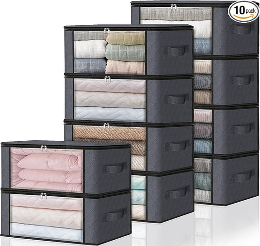 HomeHacks Storage 10-Pack Clothes Organizer Storage Bags Foldable Storage Box with Large Clear Window Sturdy Handles for Closet, Dorm, Pillows, Bedding, Clothes, Blankets, 35L, Grey
