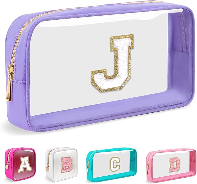 Small Clear Personalized Initial Makeup Bag,Nylon Preppy A-Z Chenille Letter Patch Cosmetic Pouch Beach Toiletry Bag,Waterproof Zip Travel Purse Storage Bag Organizer for Women Girls(Purple-White J)