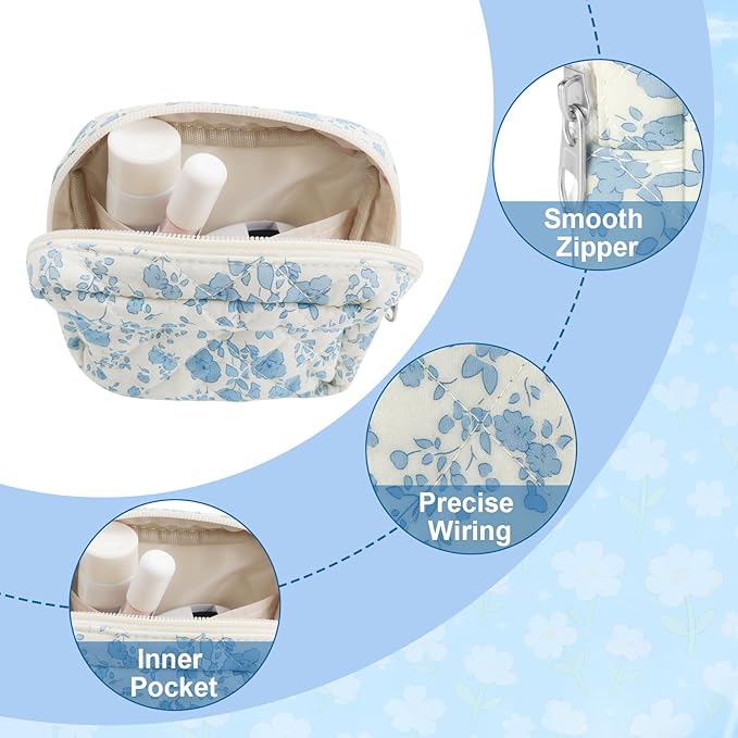 Small Quilted Cotton Makeup Bag for Purse Mini Cosmetic Period Bag for Women Cute Blue Flower Makeup Sanitary Pouch Portable Travel Toiletry Bags with Zipper Christmas Birthday Gifts