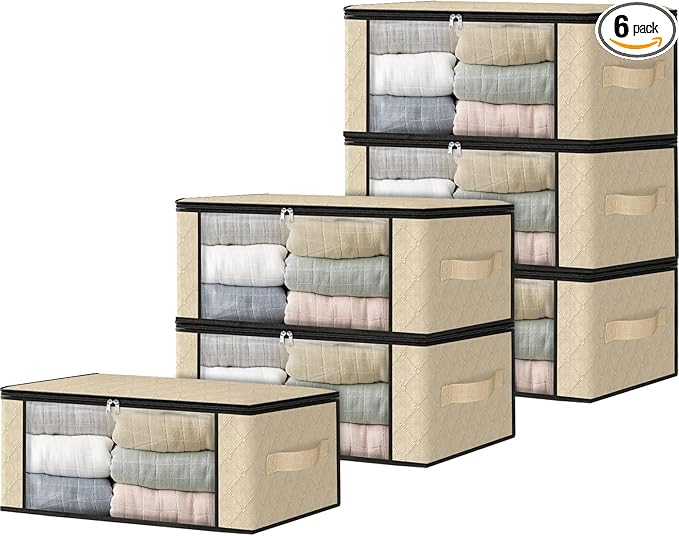 HomeHacks Storage 6-Pack Clothes Organizer Storage Bags Foldable Storage Box with Large Clear Window Sturdy Handles for Closet, Dorm, Pillows, Bedding, Clothes, Blankets, 35L, Beige