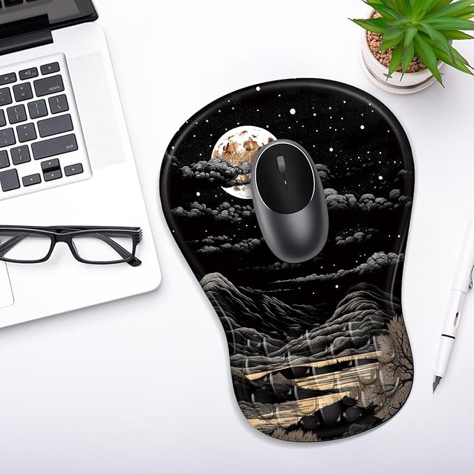 YIWEI Ergonomic Mouse Pad with Wrist Rest - Comfortable Office Mousepad with Memory Foam Wrist Support for Carpal Tunnel Relief, Mouse Pads with Non-Slip Base for Gaming and Home (Moon)