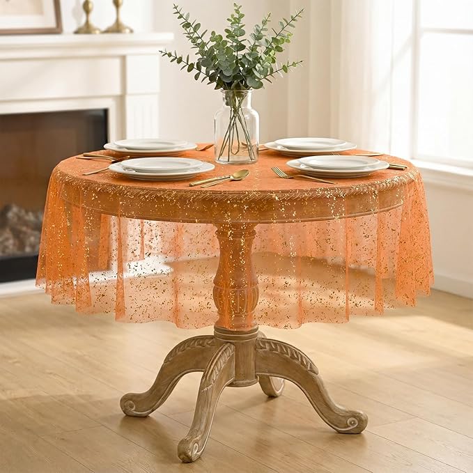 Horaldaily Orange Gold Gauze Tablecloth 60x60 Inch Round, Orange Sequin Glitter Metallic Foil, Sheer Tulle Cheesecloth for Wedding Baby Shower Ceremony Birthday