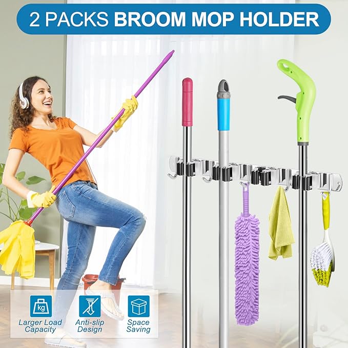 IMILLET 2 Broom Holder Wall Mounted, Stainless Steel Broom Mop Holder Self Adhesive Heavy Duty Hooks Storage Organizer for Home Laundry Room Garden Garage Closet Kitchen（4 Racks with 5 Hooks）