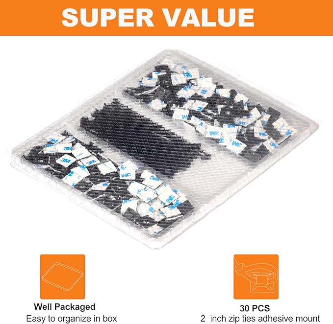 30 Pack 2 inch Zip Tie Adhesive Mounts Self Adhesive Cable Tie Base Holders with Multi-Purpose Tie wire clips with screw hole,Anchor stick on wire holder with 8 inch zip ties （Black&White）