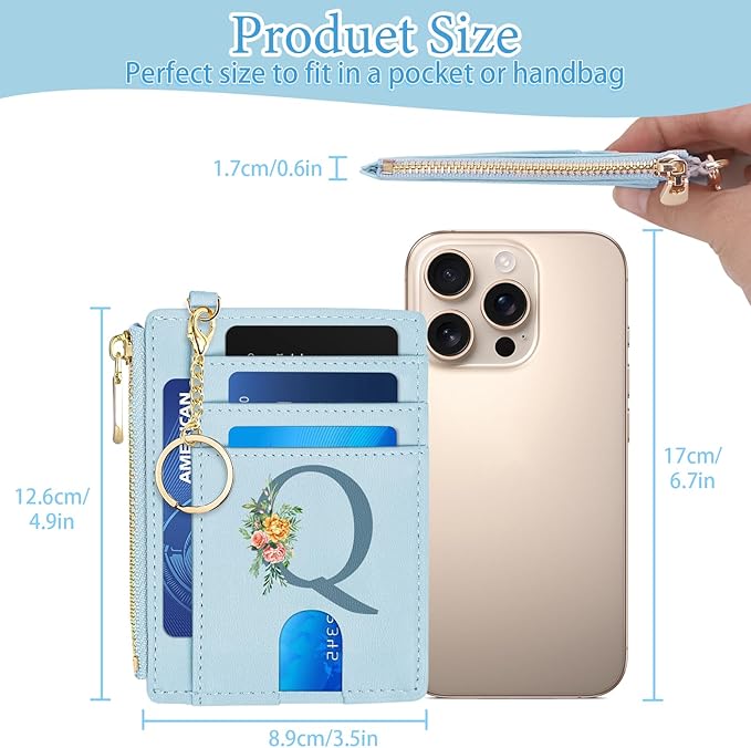 Card Wallets for Women Slim Minimalist Front Pocket RFID Blocking Wallet Small Compact Card Case with ID Window Coin Purse, Personalized Birthday Gifts for Women Sister Mom Daughter Her, Initial Q