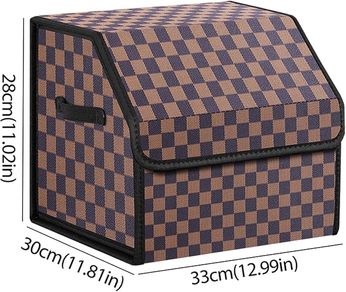 kingmise car organizers and storage for SUV,trunk organizer for sedan, leather foldable sleek box with lid,collapsible cargo bins, tool accessories containers,Chessboard pattern (Coffee grid, Small)