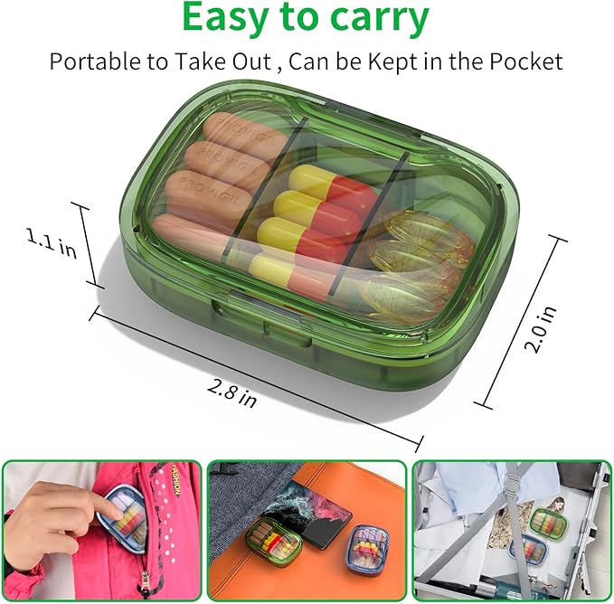 2 Pack 3 Compartment Small Pill Box, Moisture Proof Case, Travel Organizer for Pocket Purse, Daily Portable Medicine Vitamin Container, Fish Oil and Supplement Storage