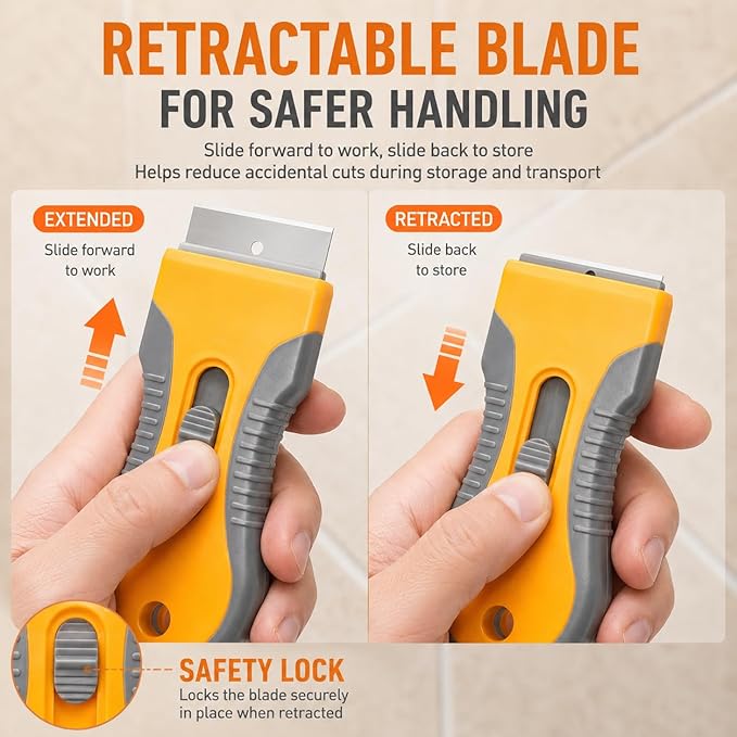 Razor Blade Scraper Tool, 2 Pack Scraper with 20 Replacement Blades, Retractable Scraper with Safety Lock and Non-Slip Grip for Removing Stickers, Labels, Paint, Caulk from Windows, Cooktop and Glass