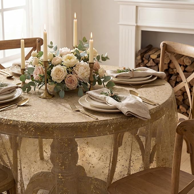 Horaldaily Coffee Gold Gauze Tablecloth 60x60 Inch Round, Golden Sequin Glitter Metallic Foil, Sheer Tulle Cheesecloth for Wedding Baby Shower Ceremony Birthday