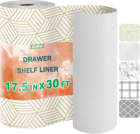 OcePor Non-Adhesive Drawer and Shelf Liner 17.5IN x 30FT，Non-Slip Kitchen Cabinet Liner Non-Adhesive Thick Strong Grip Waterproof Washable