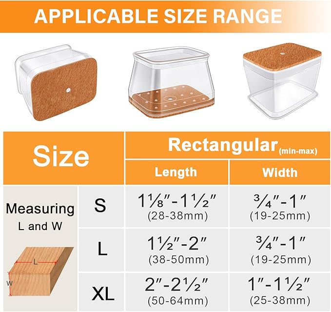 24 Pcs Chair Leg Floor Protectors for Hardwood Floors Rectangle Silicone Covers to Protect Wood Tile Floors Felt Pads Furniture Leg Caps Anti-Scratch Reduce Noise (Fit L:1-1/8" to 1-1/2",W:3/4" to 1")