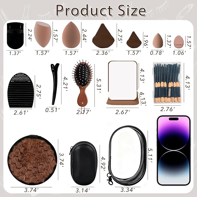 Travel Makeup Brush Set, 77Pcs Mini Makeup Kit Synthetic Foundation Concealers Eye Shadows Brushes Powder Puff with Eyelash Curler Eyebrow Razor Comb Mirror Hair Clips Cosmetic Bag (Brown)