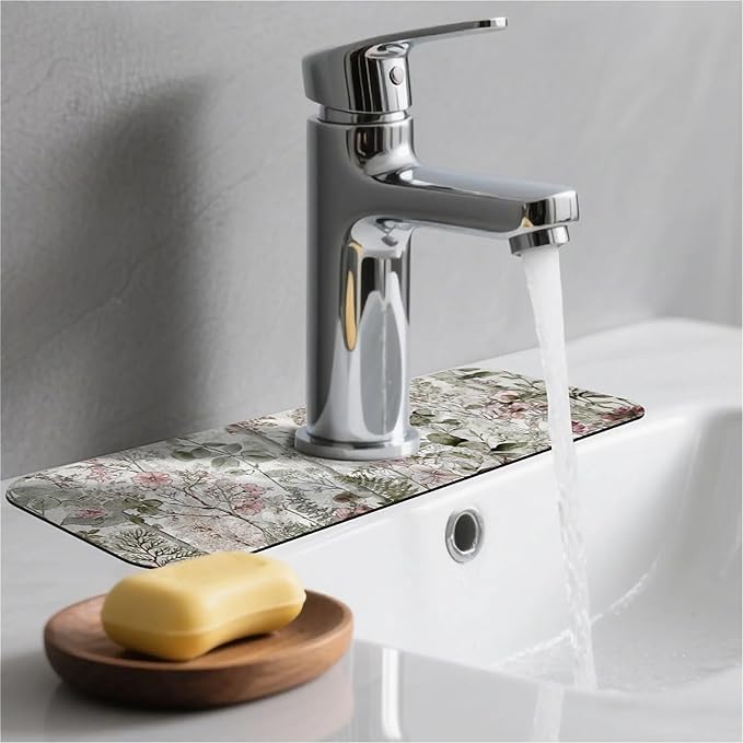 Kitchen Sink Splash Guard，Elegant-forest with flowers Faucet Mat Sink Gadgets-Super Absorbent Fast Drying Mat Drip Catcher for Kitchen, Bathroom,Sink Mat, Dish Drying Mat, Bathroom(15" X 5.5" )