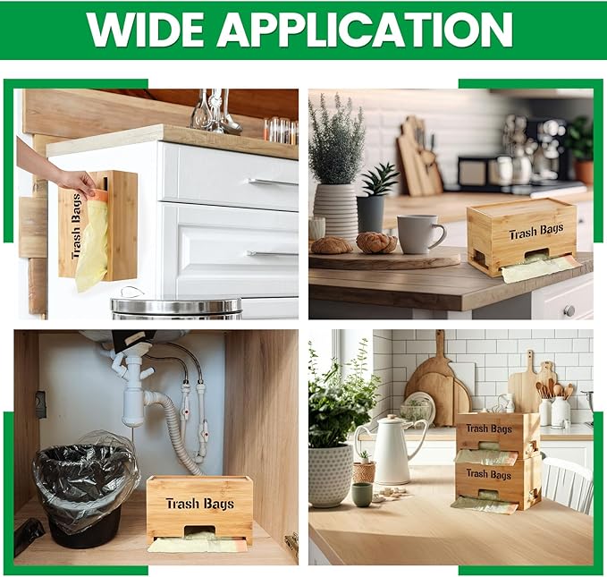 Kathfly 2 Pcs Bamboo Trash Bag Holder Dispenser Stackable Garbage Bag Dispenser, Large and Small Size Trash Organizer for Farmhouse Kitchen Laundry Under Sink, Wall Mounted or Freestanding