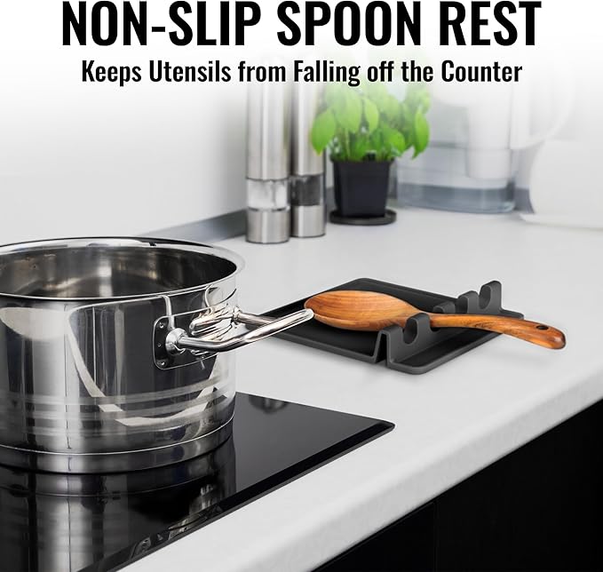 Zulay Kitchen Extra Large Silicone Utensil Rest with Drip Pad for Multiple Utensils - BPA-Free Heat-Resistant Spoon Rest & Spoon Holder for Stove Top - Kitchen Utensil Holder for Spoon - Black