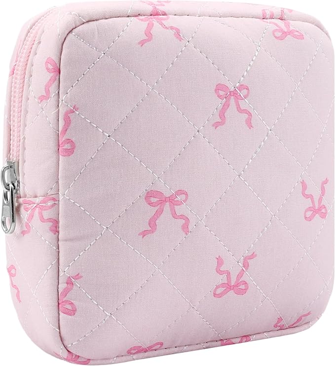 Small Quilted Cotton Makeup Bag for Purse Mini Cosmetic Period Bag for Women Cute Pink Bow Ribbon Makeup Sanitary Pouch Portable Travel Toiletry Bags with Zipper Christmas Birthday Gifts