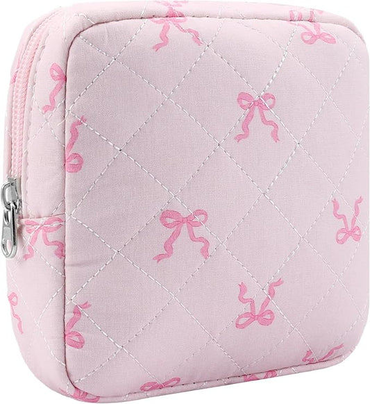 Small Quilted Cotton Makeup Bag for Purse Mini Cosmetic Period Bag for Women Cute Pink Bow Ribbon Makeup Sanitary Pouch Portable Travel Toiletry Bags with Zipper Christmas Birthday Gifts