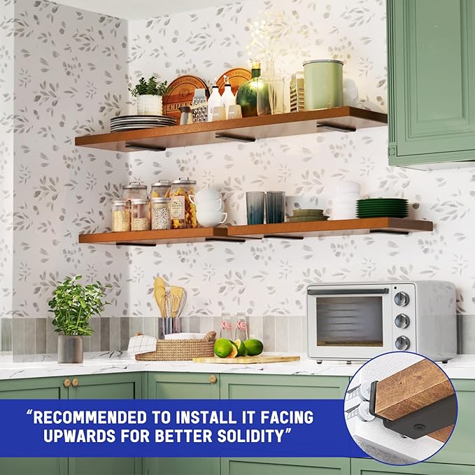 Goovilla Shelf Bracket, Heavy Duty Floating Shelf Brackets 4 inch Long, 6 Pack Brackets for Shelves, Black Coated Metal Wall Shelf Support Brackets with 1/5 Inch Thick and 160 lb. Load Capacity