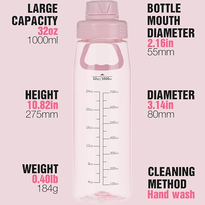 Water Bottle 32oz, clear water bottle with Spout Lid and Carry Handle, Reusable, Tritan, BPA Free, Hiking Water Bottle Suitable for Travel, Outdoors, Gym, Travel, Home, School (Pink)