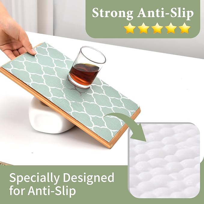 Shelf Liners for Kitchen Cabinets Non Adhesive Drawer Liner 17.5in x 30FT Light Green Quatrefoil Thickened Shelf Liner Strong Non-Slip Easy to Clean Tool Box Refrigerator with Knife and Tape Measure