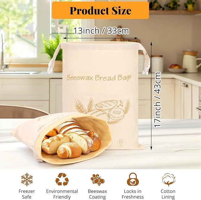 Homelove 2 Pack Beeswax Bread Bags for Sourdough Homemade Bread - Reusable Organic Linen Bag Cotton Lining Sourdough Natural Beeswax Bread Storage Bag, Keep Fresh and Upgraded XLarge Capacity Portable