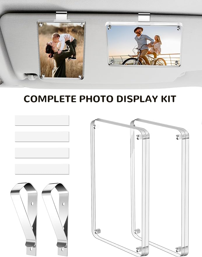 2 Pack Car Picture Holder and Visor Photo Clip, Clear Acrylic Magnetic Car Photo Holder, Horizontal & Vertical Photo Car Sun Visor Picture Frame, Auto Accessories, Family, Couple, Pet Photos
