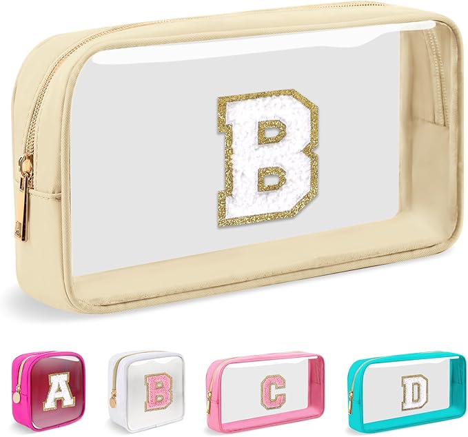 Small Clear Personalized Initial Makeup Bag,Nylon Preppy A-Z Chenille Letter Patch Cosmetic Pouch Beach Toiletry Bag,Waterproof Zipper Travel Purse Storage Bag Organizer for Women Girls(Beige-White B)