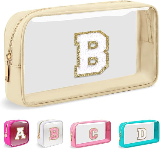 Small Clear Personalized Initial Makeup Bag,Nylon Preppy A-Z Chenille Letter Patch Cosmetic Pouch Beach Toiletry Bag,Waterproof Zipper Travel Purse Storage Bag Organizer for Women Girls(Beige-White B)
