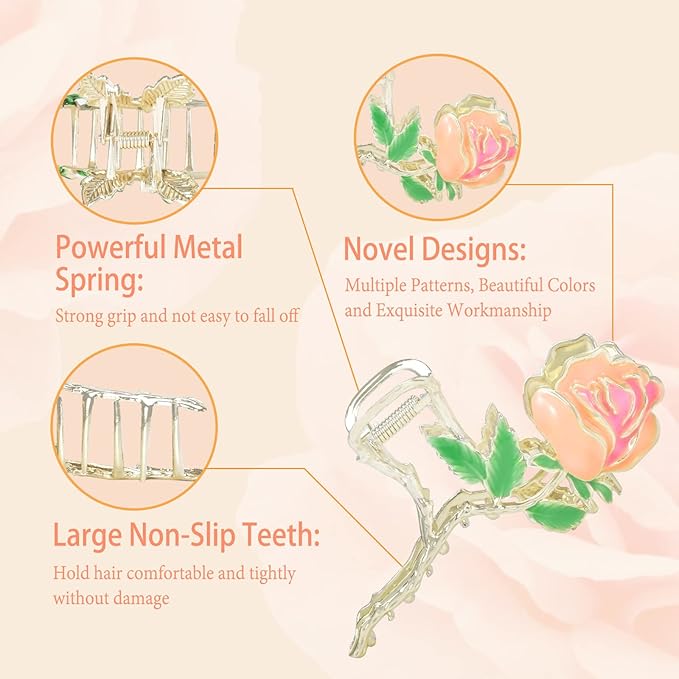 3-Piece Floral Metal Hair Accessories: Butterfly Chinese Rose Claw Clips for Thin/Medium Thick Hair, Elegant Barrettes With Strong Hold and Non-Slip Cute Catch Clamps