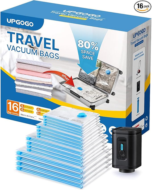 Combo 16 Pack Travel Vacuum Bags with Portable Electric Pump, Space Saver Vacuum Storage Bags for Clothing and Luggage, Travel Essentials