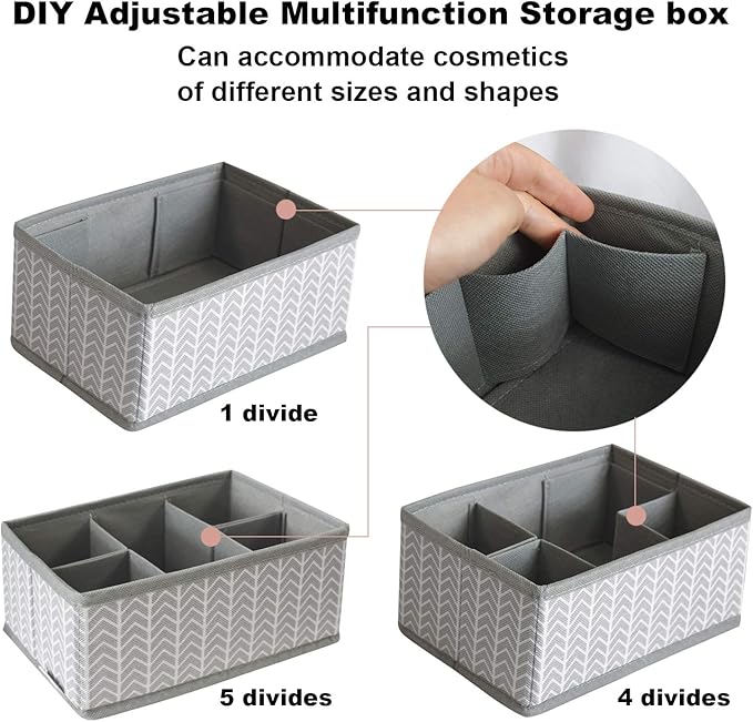 VERONLY Cosmetic Storage Bins Makeup Organizer, Adjustable Multifunction Storage Box Desk Drawer Divider for Makeup Brushes, Bathroom Countertop or Dresser, Set of 3 (Grey)