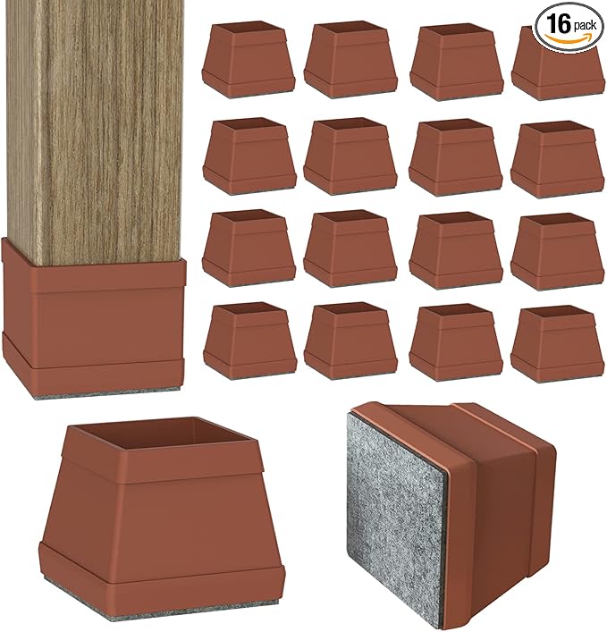 16 Pcs Square Chair Leg Protectors for Hardwood Floors, Silicone Felt Furniture Pads Non Slip,Free Moving Table Leg Covers,Chair Protectors for Wooden Floors. Brown