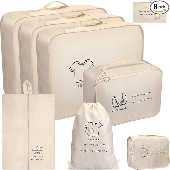 SKYREH 8 Set Travel Packing Organizers - Luggage Organizer for Suitcase Organization with Hanging Toiletry, Shoe & Laundry Bags, Packing Cubes for Travel Essentials, Cute Gifts for Women, Beige