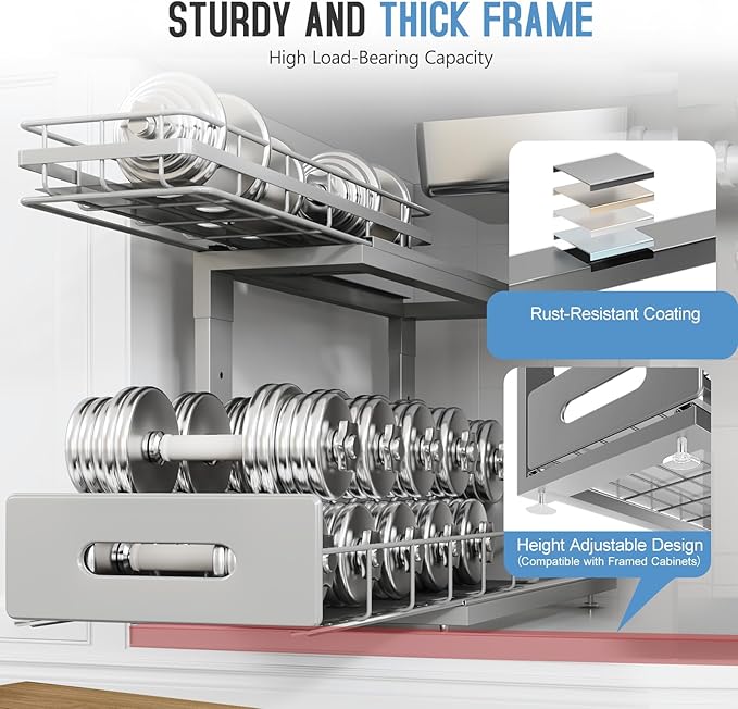 1 Pack 18 IN Depth Under Sink Organizer with Smooth Ball Bearing Slides, 2-Tier Pull Out Cabinet Storage, Slide Out Drawers for Bathroom&Kitchen, Rust-resistant Coating, Height Adjustable - Gun Gray
