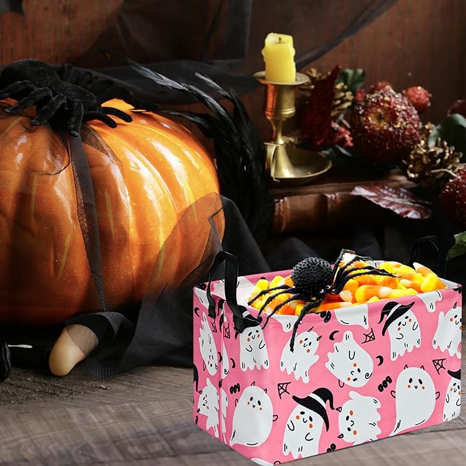 KUNRO Pink Ghost Pattern Storage Basket Gift Shelf Basket Storage Bin, Nursery Basket Organizer Box for With Handles for Room Deco