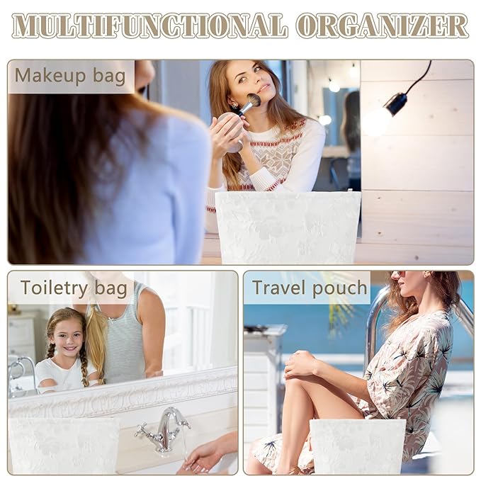 ZLFSRQ Flower Makeup Bag for Women Girls Teens Travel Cute Floral Cosmetic Bags Large Zipper Cosmetic Pouch for Purse Portable Toiletry Bag Aesthetic Embossed White Makeup Brushes Storage Organizer