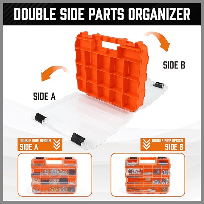 HORUSDY 2-Pack Double Side Parts Organizers, 34-Compartments Tool Box with Removable Dividers, Small Hardware Storage Case for Screws, Bolts, Nuts, Nails, DIY, Crafts, Fishing Gear & Small Parts