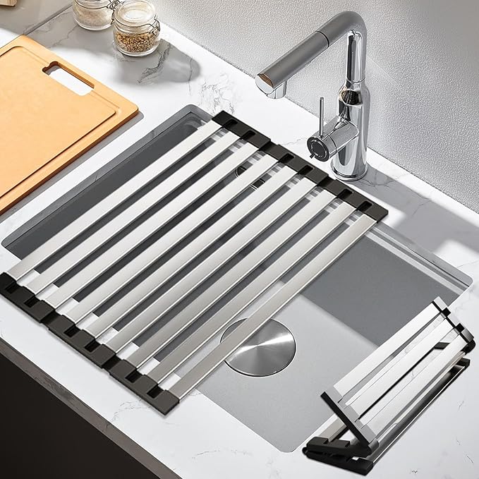 17.7"*12.8" Foldable Dish Drying Rack Thickened & Widened Over Sink Dish Drying Rack High-Temperature Resistant Removable Sink Storage Rack 304 Stainless Steel Drainer for Kitchen and Rv sink