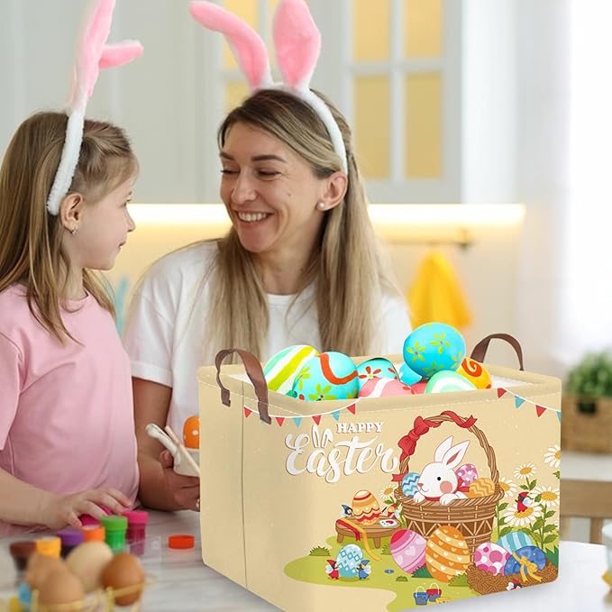 FXOLCSHE Rectangular Easter basket,Easter gift basket,Nursery Hamper,Collapsible waterproof baby toy storage box for Kids,Toy Organizer,Easter Home Decor,Gift Baskets(Flower basket Easter)