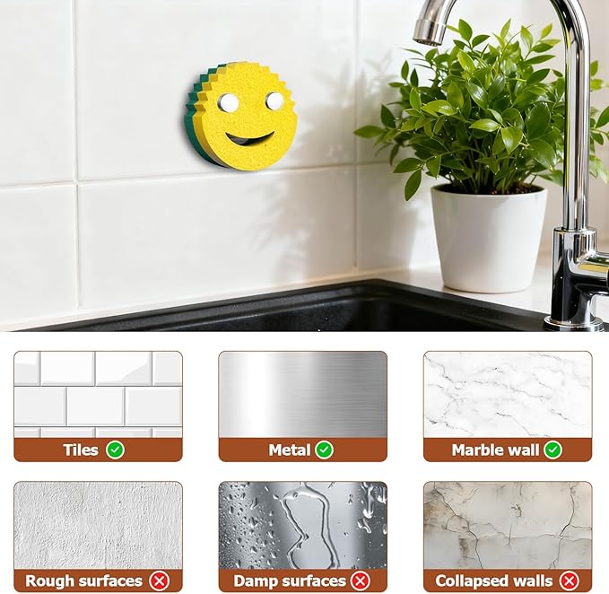 Cute Sponge Holder for Kitchen Sink, Stainless Steel Smiley Face Sink Sponge Holder with Suction Cup, Rustproof Sink Caddy Compatible with Scrub Daddy Sponges, 1Pcs
