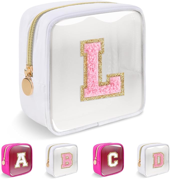 Personalized Initial Letter Clear Preppy Makeup Bag,Mini Nylon Chenille Letter Cosmetic Bag Cute Zipper Pouch Purse for Teen Girls,Portable TSA Approved Beach Travel Essentials Bag Gift for Women,L