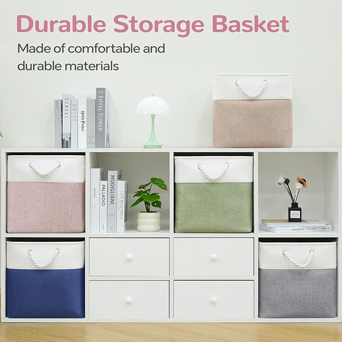 VQRTEXA 12 x 12 Inch Cube Storage Bins, 4 Pack Fabric Storage Basket with Handles, Foldable Boxes Organizer for Shelf Baskets for Home, Clothes (White/Pink)